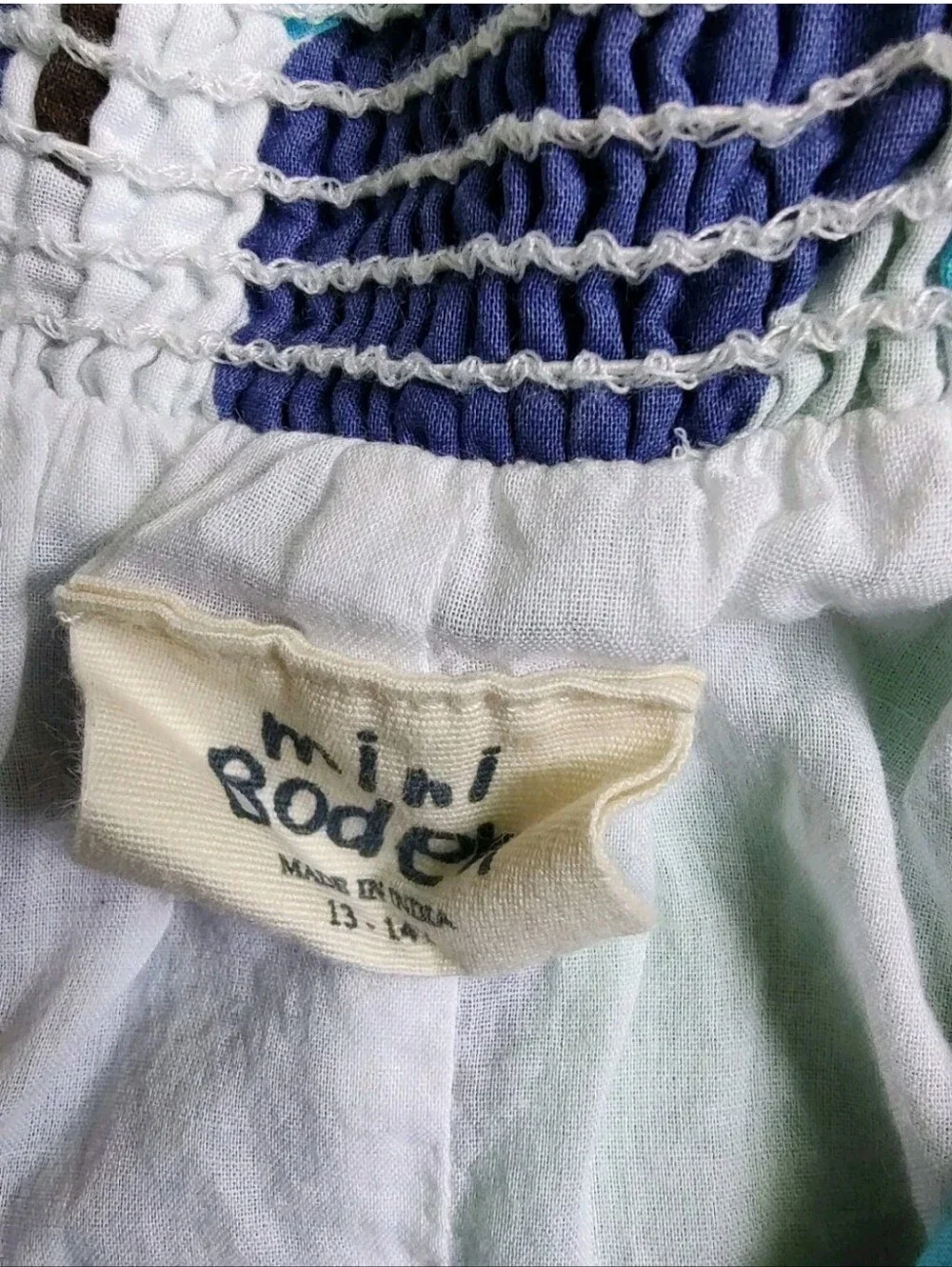 Mini Boden Girls Dress White Blue Green Ruffle Straps Apple Zip Pockets 13 14 Y